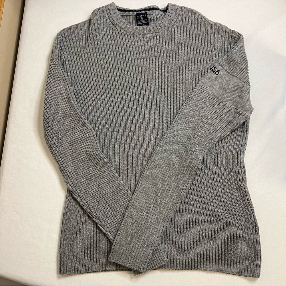 Nautica Sweater mens grey Y2K style logo on arm ribbed 100% cotton Large